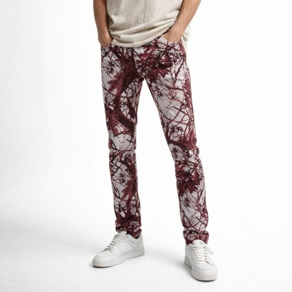 Siberia Hills Blood Tree Printed Straight Leg Cotton Jeans In White‎ And Red 32